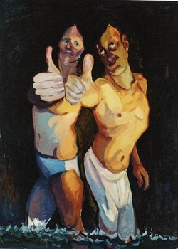 Some of Lassnig's recent work shows figures against rich fields of color. Her 2009 painting, 'Optimisten/Optimists.'
